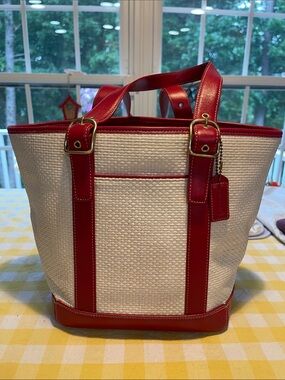 Vintage Coach Red Leather Trim White Woven Tote Bag Style 8909